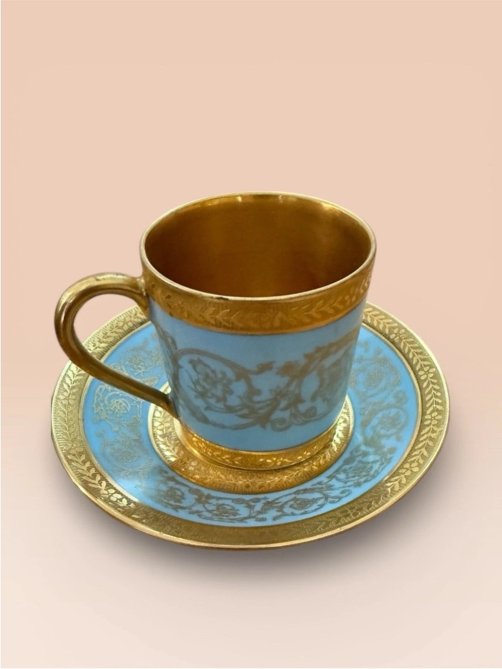 Antique Gold Blue Charles Field Haviland Limoges demitasse cup and saucer set